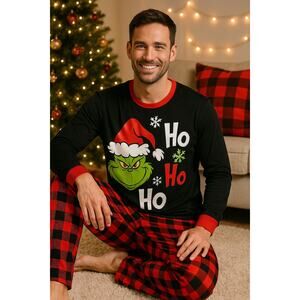 Christmas Grinch Pajama Set Men’s Medium Buffalo Plaid Ho Ho Ho
